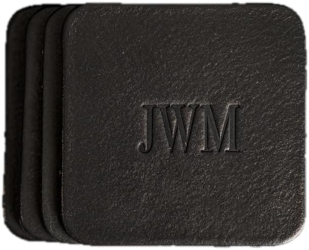 Ox & Pine Personalized Leather Coaster - Sold Individually or in Sets of 4 - Customize Inscription - 100% Full-Grain Leather – 4" Round or 4" Square (Square, Black, Set of 4 Coasters)