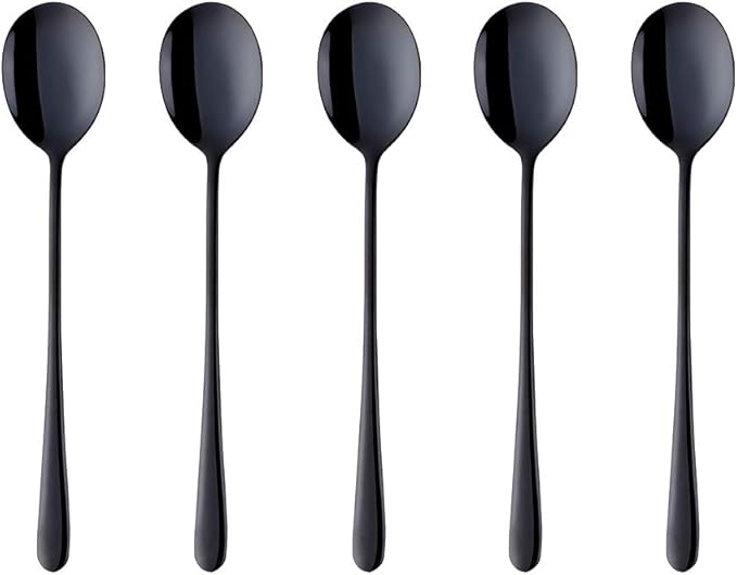 Buyer Star 5-pieces Black Dinner Table Spoons 8-Inch Stainless Steel Metal Korean Soup Spoons