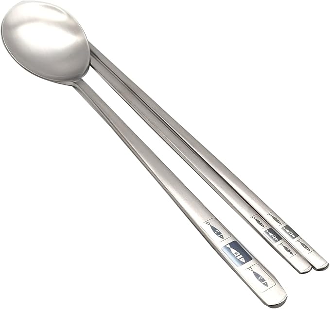 SUPIA Korean Traditional Cutlery Stainless Steel Spoons and Chopsticks Set Tableware with Long-hand, Reusable (Silver Fish)