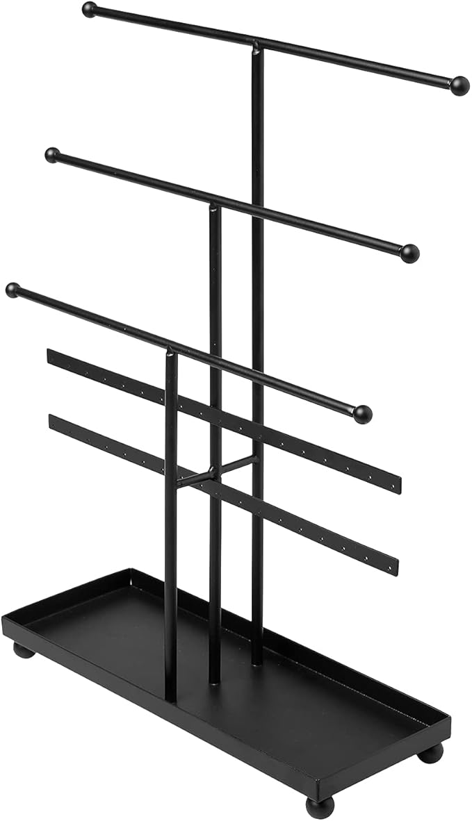 MyGift Modern 3-Tier Metal Jewelry Organizer Stand - Matte Black Jewelry Storage Display with Ring Tray, 18 Earring Hooks & 5 T-Bars for Necklaces, Bracelets, Earrings - Home/Boutique Use