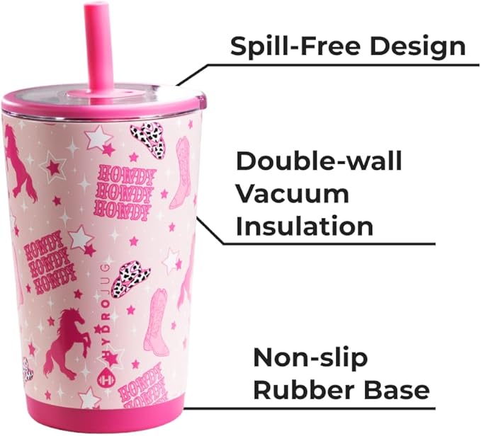 HydroJug Everyday Tumbler 14 oz – Ceramic-Lined Insulated Tumbler with Straw and Soft-Touch Lid, Cup Holder Friendly, Double-Wall Vacuum Insulation, Reusable Travel Cup – Cowgirl