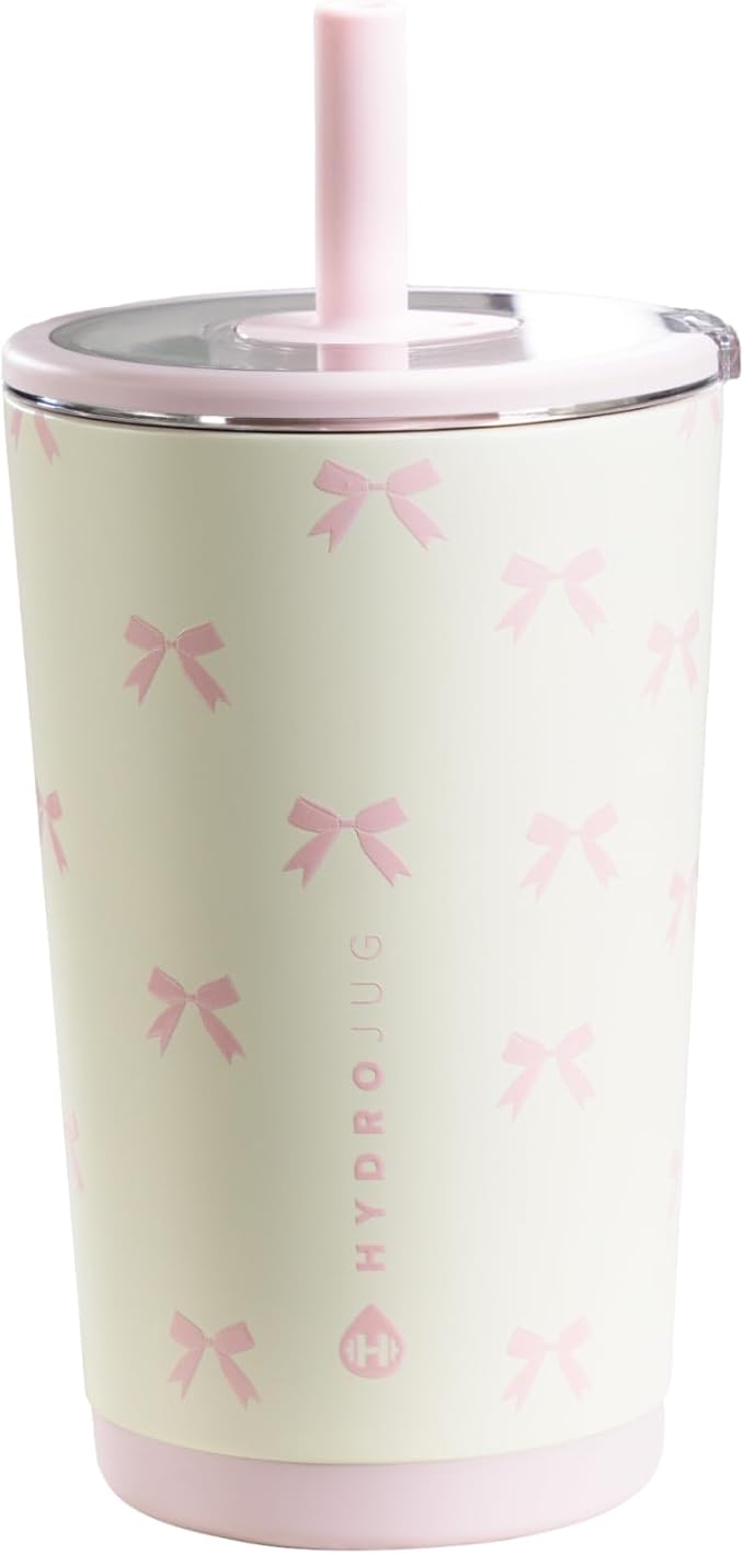 HydroJug Everyday Tumbler 14 oz – Ceramic-Lined Insulated Tumbler with Straw and Soft-Touch Lid, Cup Holder Friendly, Double-Wall Vacuum Insulation, Reusable Travel Cup – Bows