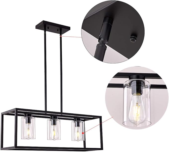 XILICON Dining Room Lighting Fixture Hanging Farmhouse Black 3 Light Modern Pendant Lighting Contemporary Chandeliers with Glass Shade for Living Dining Room Bedroom Kitchen Island