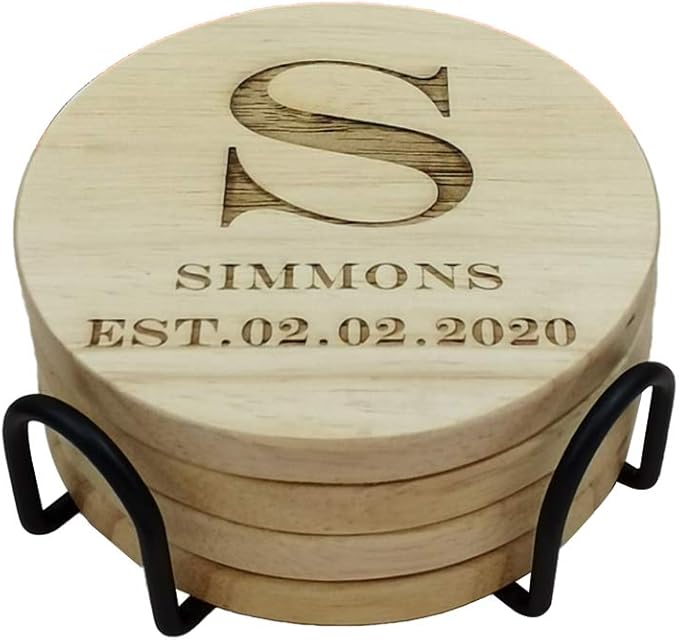 Personalized Monogram Coasters, Custom Engraved Wooden Coasters for Drinks, Great Gifts (Set of 4)