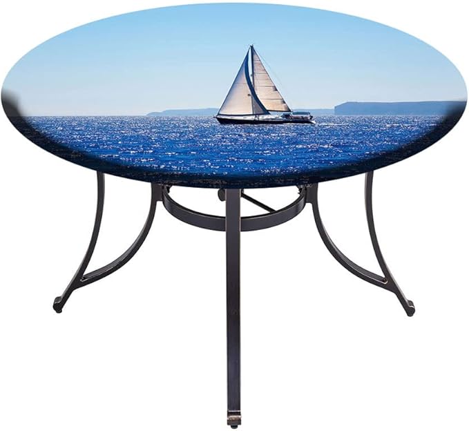 Round Edge Closing Tablecloth, Ocean Elastic Edged Tablecloth, Blue Mediterranean Sailboat Sailing in Round Tables 28inch Diameter, Buffet Table/Parties/Holiday Dinner, Blue