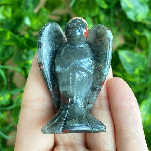 YATOJUZI 2" African Bloodstone Angel Decor Crystals Polished Natural Stone Sculpture Statue Home Room Office Desk Decoration Guardian Hand Carved Cute Figurines Energy Reiki Gifts for Women Men