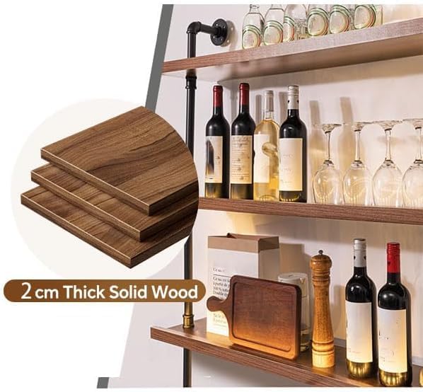 Large Wine Rack with LED Light Solid Wood Wall Mounted Wine Rack, 3-Tiers Liquor Bottles Floating Shelves Display Storage Organizer for Home Bar & Dining Room (80cm/31.4in)