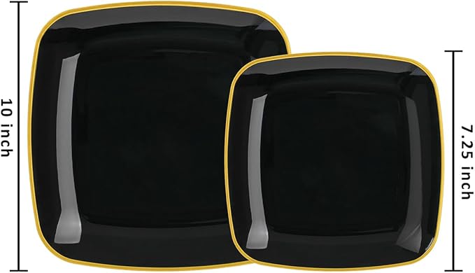 bUCLA 50PCS Black and Gold Plastic Plates - Square Black Gold Plastic Disposable - Include 25 Dinner & 25 Dessert Plates, Ideal for Party & New Year