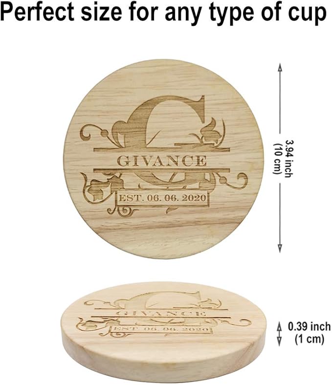 Personalized Wooden Coasters, Custom Engraved Monogram Coasters - Great Gifts (XL, Set of 4)