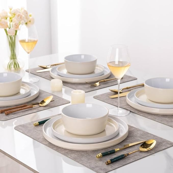 AmorArc Ceramic Dinnerware Set | Stoneware Plates and Bowls | Scratch Resistant,Dishwasher & Microwave Safe Dishes Sets-cream