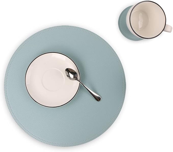 Set of 6 Faux Leather Round Placemats and Coasters, Coffee Mats Kitchen Table Mats, Waterproof, Easy to Clean for Kitchen Dining Round Table