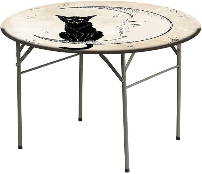Polyester Tablecloth, Moon Waterproof Oil-Proof PVC Table Cloth, Black Cat Sitting on White Crescent Moon, Fit Round Tables 28inch Diameter, for Xmas/Parties/Home, Sand Brown Black