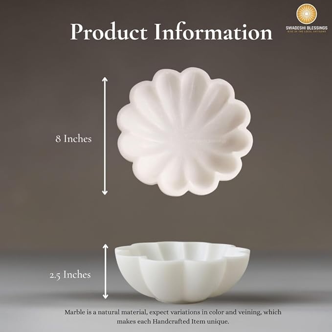 SWADESHI BLESSINGS HandCrafted Marble Decorative Bowl | White Ruffle Scalloped Fluted Key/Fruit Ring Dish | Organic Modern Home Decor (8 Inches)