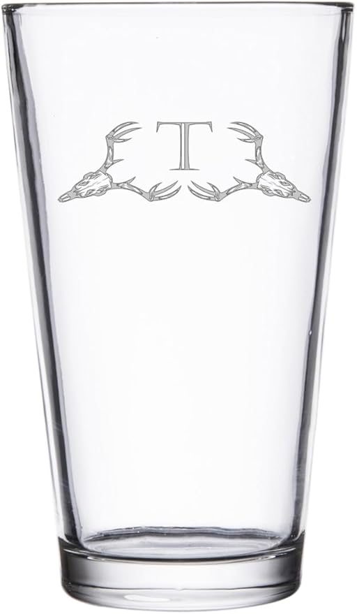 Hat Shark Deer Skull Letter Monogram Pint Beer Glass, 16 oz, Clear, A-Z Initials (1, Letter T)