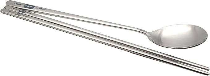 SUPIA Korean Traditional Cutlery Stainless Steel Spoons and Chopsticks Set Tableware with Long-hand, Reusable (Silver Fish)