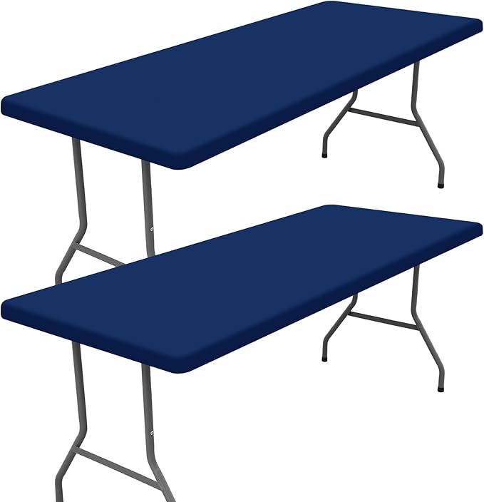 Spandex 8 Foot Rectangle Table Cloth 2 Pack, Elastic Fitted Tablecloths for Picnic, Stretch Washable Patio Table Cover for Outdoor, Camping, Banquet and Parties (Navy, 36"x96")