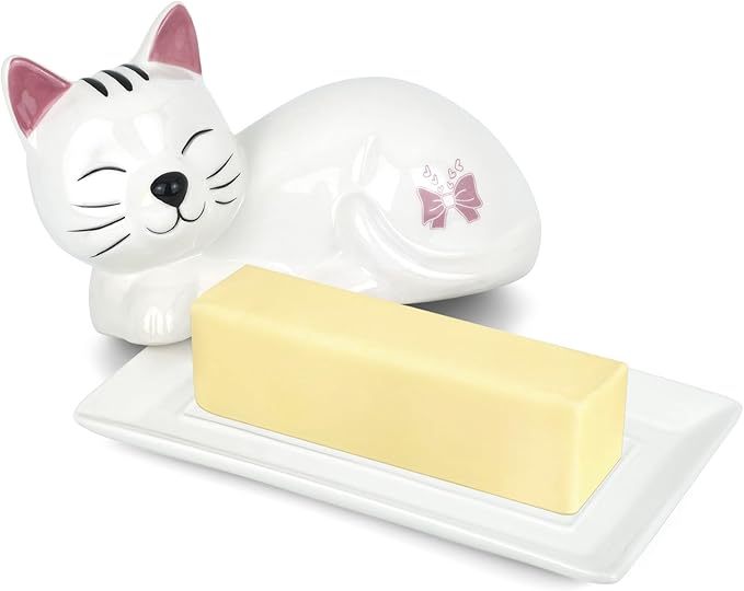 Cat Butter Dish with Lid – Cute Ceramic Plate – Keeper to leave on counter – Gift for cat lovers – Decor for dining room table – Perfect housewarming gift – Butterbell dish