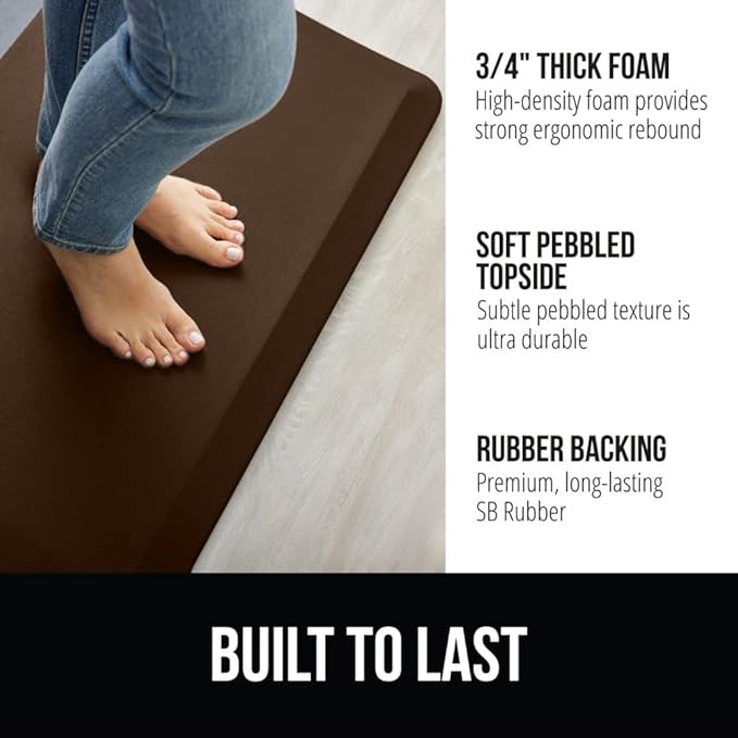 GORILLA GRIP Comfortable Cushioned Kitchen Mats for Floor, 70x24, Waterproof and Stain Resistant Soft Top, 3/4 Inch Thick Ergonomic Standing Desk Anti Fatigue Mat, Foam Supports Ankles and Feet, Brown