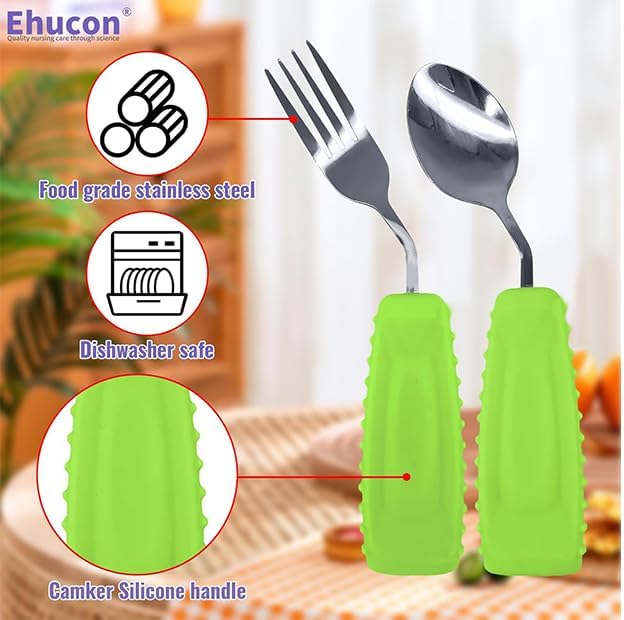 Adaptive Utensils Angled Spoon and Fork for Hand Tremors Parkinsons,Weighted Utensils with Non-Slip Easy Grip Handles for Independent Eating (1pcs Spoon+1pcs Fork=2 pcs,Green,Right Hand)