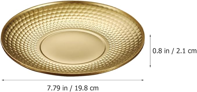 BESPORTBLE Creative Hammer Textured Stainless Steel Fruit Serving Tray Round Dinner Plate for Outdoor Camping and Indoor Use, Vintage Gold Diamond Pattern