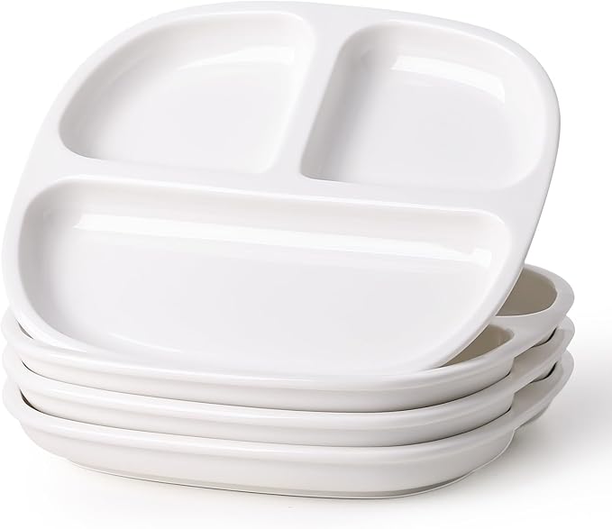 8.58" Square Ceramic Divided Plates - 4 Pack, Portion Control Plate for Rational Eating, White Dinner Plates, 3 Compartment Dinner Diet Plates for Kids Adults, Microwave, Dishwasher Safe