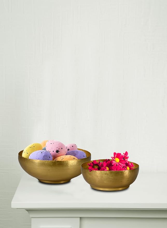 Serene Spaces Living Set of 4 Antique Brass Decorative Bowl, Metal Basket, for Floating Candles, Flowers, Potpourri, Catchall for Entryway, Centerpiece, Home Décor, 4.75" Tall & 12" Dia