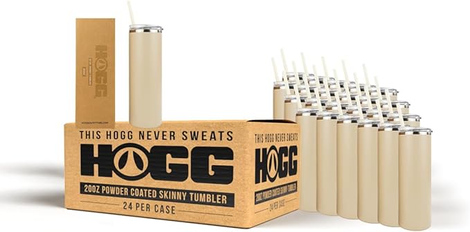 Hogg 20 oz Skinny Case (24 Units) - Beige, Powder Coated Tumblers for Laser Engraving, Engravable Tumblers Bulk, Stainless Steel Cups Bulk, Insulated Cups with Lids and Straws