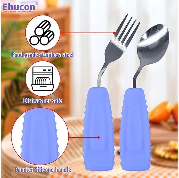 Adaptive Utensils Angled Spoon and Fork for Hand Tremors Parkinsons,Weighted Utensils with Non-Slip Easy Grip Handles for Independent Eating (1pcs Spoon+1pcs Fork=2 pcs,Purple,Left Hand)