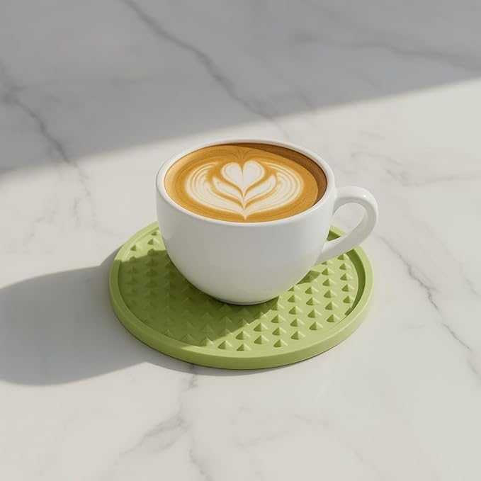 Set of 6 Silicone Coasters, 4'' Drink Coaster with Holder, Round Coasters for Drinks Beer Coffee Home Office Bar Desk Tabletop Protection, Non-Slip Rubber Coaster (Green, 6 Pcs-Metal Holder)