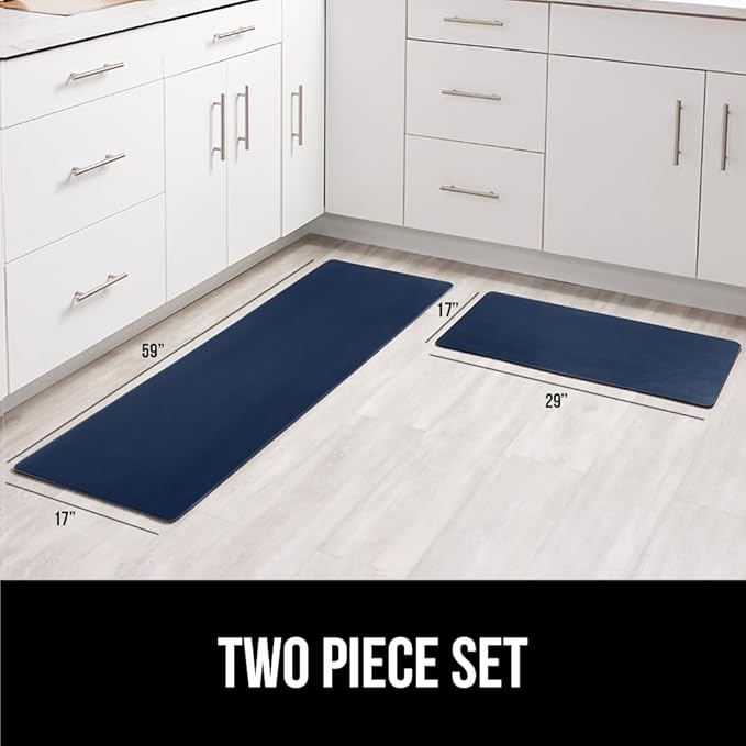 GORILLA GRIP 2 Pack Comfortable Cushioned Kitchen Mats for Floor, 17x24 + 17x48, Waterproof and Stain Resistant, 1/2 Inch Thick Soft Ergonomic Standing Desk Anti Fatigue Mat, Foam Supports Feet, Navy