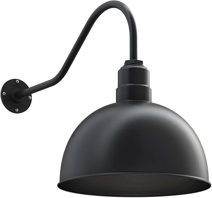 Steel Lighting Co. Hollywood Bowl Light | Outdoor Wall Mounted | 15 inch Bowl Dome | 23 inch Gooseneck | Barn Light Made in America | Matte Black Exterior/Matte Black Interior