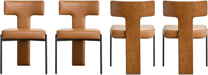 Brown Dining Chairs Set of 4,Faux Leather Dining Chairs with Soft Cushion,Comfortable Upholstered Armless Dining Room Chairs with Curved Plywood Back