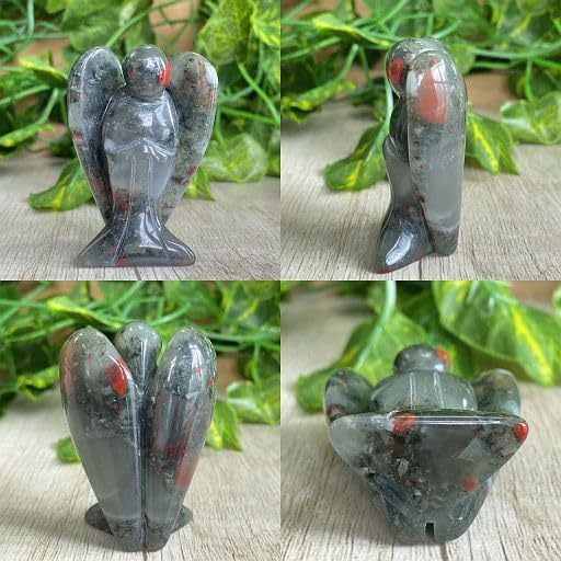 YATOJUZI 2" African Bloodstone Angel Decor Crystals Polished Natural Stone Sculpture Statue Home Room Office Desk Decoration Guardian Hand Carved Cute Figurines Energy Reiki Gifts for Women Men