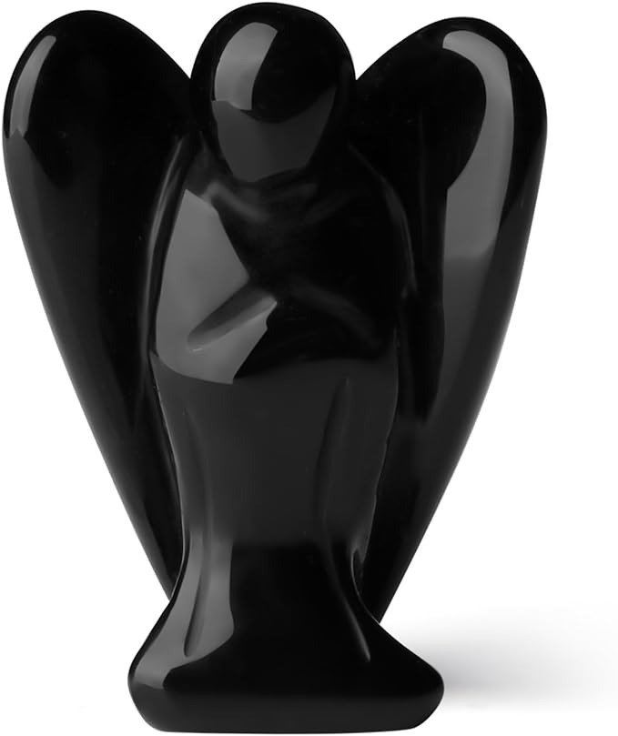 YATOJUZI 2" Black Obsidian Angel Decor Healing Crystals Polished Natural Stone Sculpture Statue Hand Carved Cute Figurines Energy Reiki Home Room Office Desk Decoration Guardian Gifts for Women Men