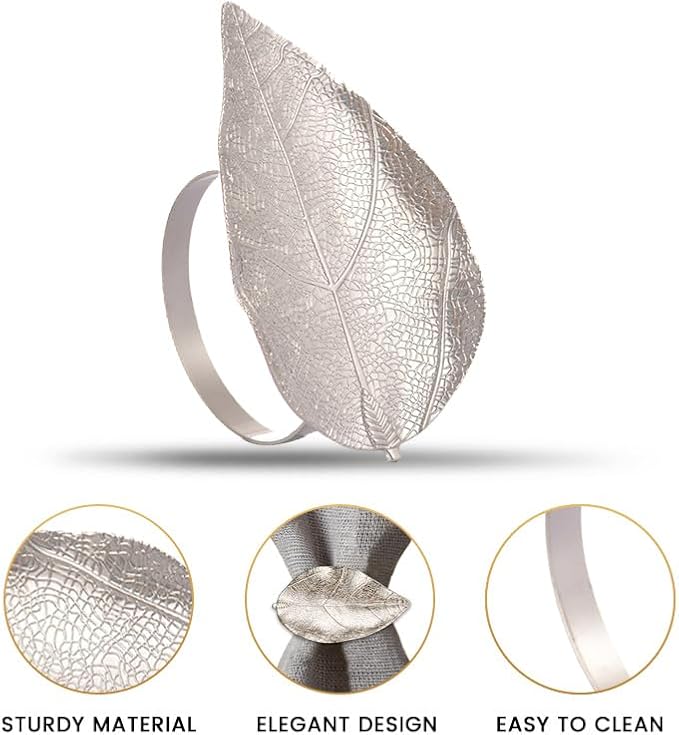 Decozen Set of 8 Silver Napkin Rings in Leaf Design, Festive, Table Decor Setting for Holiday, Wedding, Birthday, Kitchen, Home Decor, Housewarming Gift - Mothers Day Decorations