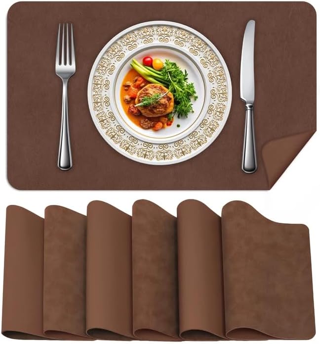 BLESWIN Faux Leather Placemats, Set of 6, 12×17 Inch -Double Side Texture Color Table Mats, Heat-Resistant, Waterproof and Oil-Resistant, Suitable for Dining Room, Kitchen, Party, Outdoor - Brown