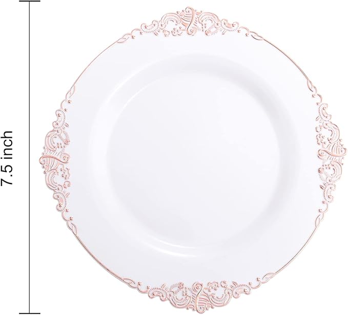 Morejoy 100pcs Plastic Plates - Disposable - 7.5 inch White and Rose Gold Dessert Plates for Weddings & Parties & Shower