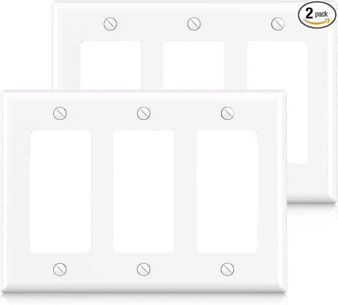 ELEGRP 3-Gang Decorative Wall Plates, Standard Size 4.53" H x 6.39" L Unbreakable Thermoplastic Faceplate Cover for Decorator Receptacle Outlet Switch, UL Listed (2 Pack, Glossy White)