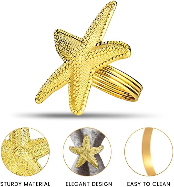 Decozen Set of 12 Gold Napkin Rings in Star Fish Design, Festive, Table Decor Setting for Holiday, Wedding, Birthday, Kitchen, Home Decor, Housewarming Gift - Mothers Day Decorations