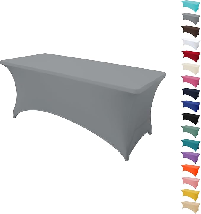 8FT Table Cloth for Rectangular Fitted Events Stretch Grey Table Covers Washable Spandex Tablecloth Protector for Party, Wedding, Cocktail, Banquet, Festival