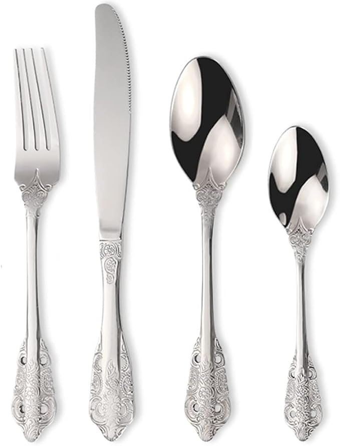 Vintage Silverware Flatware Set for 6, European Classic Style 24 Pieces Stainless Steel Tableware Cutlery Set,Fine Kitchen Utensils for Wedding Restaurant Hotel Christmas