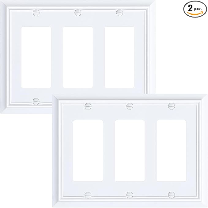 2-Pack Decorative Tripple Decorator Outlet Cover Plate, Durable Natural Bamboo Fiber Pure White Wall Plates for Electrical Outlets, Receptacle, GFCI Outlet, Dimmer Switch, 3-Gang, Corrosion Resistant
