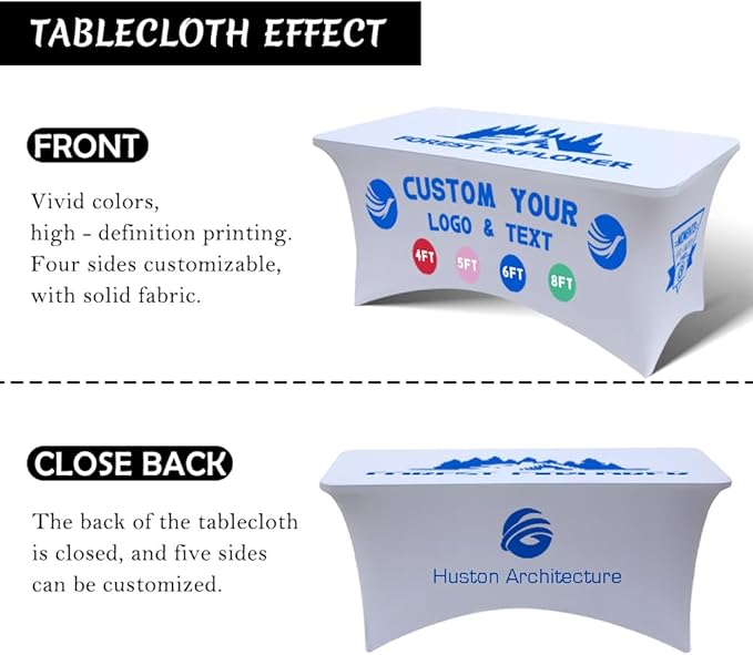 Personalized Table Cloth with Logo Image Customized Tablecloth 4FT/5FT/6FT/8FT Spandex Customized Table Cover Promotional Business Tradeshow Events Birthday Party Wedding (5FT Spandex(Closed back))
