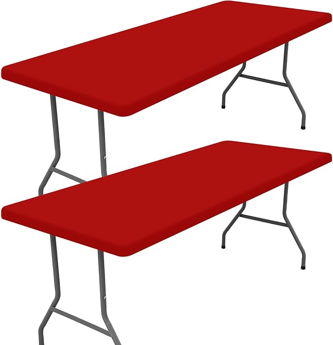 Spandex 6 Foot Rectangle Christmas Table Cloth 2 Pack, Elastic Fitted Tablecloths for Picnic, Stretch Washable Patio Table Cover for Outdoor, Camping, Banquet and Parties (Red, 30"x72")