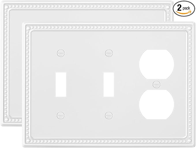 2-Pack Combo Duplex/Double Toggle Light Switch Cover Plate, Pure White Pearls Decorative Switch Plates and Outlet Covers, Metal Wall Plates for Electrical Outlets