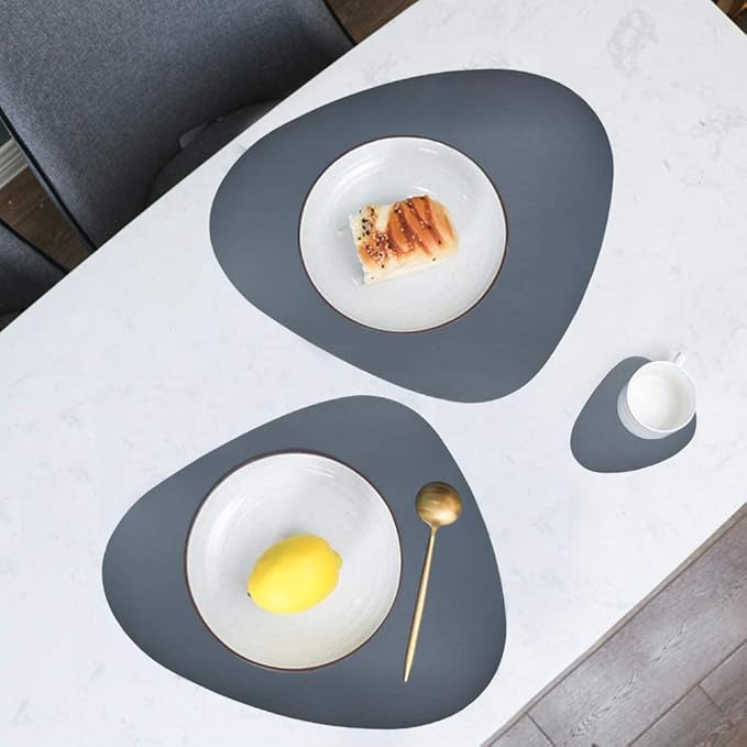 Faux Leather Placemats and Coasters Set, Round Leather for Dinner Table Mats Heat Resistant Non-Slip Washable Insulation Coffee Mats Kitchen Place Mats Nordic Style (Navy Gray, 2 Placemats+2 Coasters)