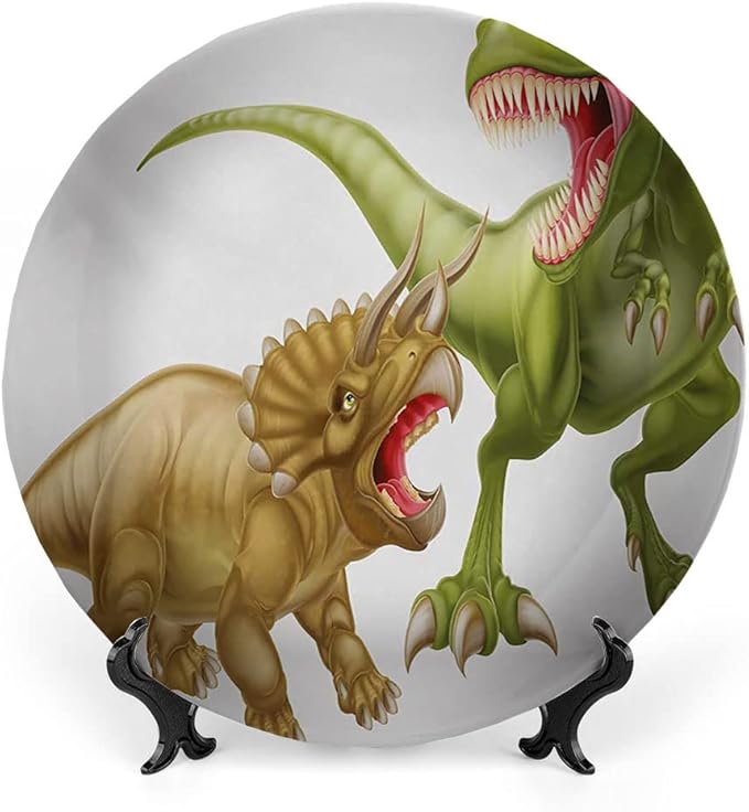 Ceramic Display Plate, Dinosaur Ceramic Hanging Decorative Plate, Rex Versus Triceratops Scaring Each Other, 10 Inch, Living Room Kitchen Decoration Household, Green Pink Pale Brown