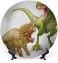 Ceramic Display Plate, Dinosaur Ceramic Hanging Decorative Plate, Rex Versus Triceratops Scaring Each Other, 10 Inch, Living Room Kitchen Decoration Household, Green Pink Pale Brown