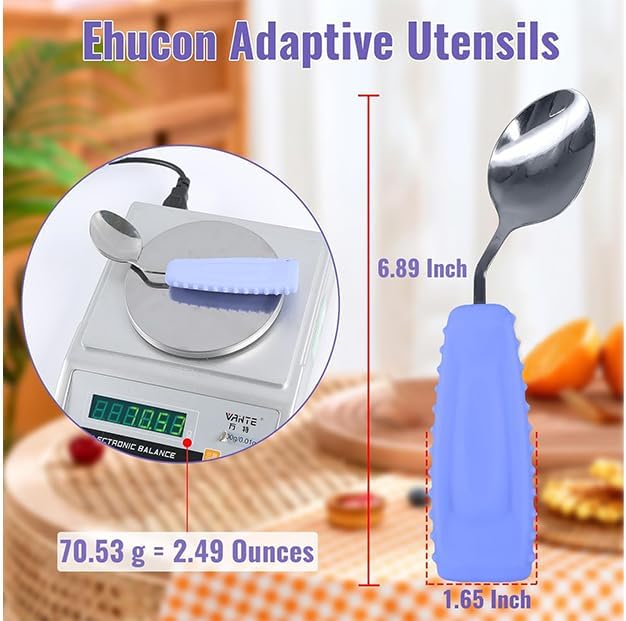 Adaptive Utensils Angled Spoon and Fork for Hand Tremors Parkinsons,Weighted Utensils with Non-Slip Easy Grip Handles for Independent Eating (1pcs Spoon+1pcs Fork=2 pcs,Purple,Left Hand)