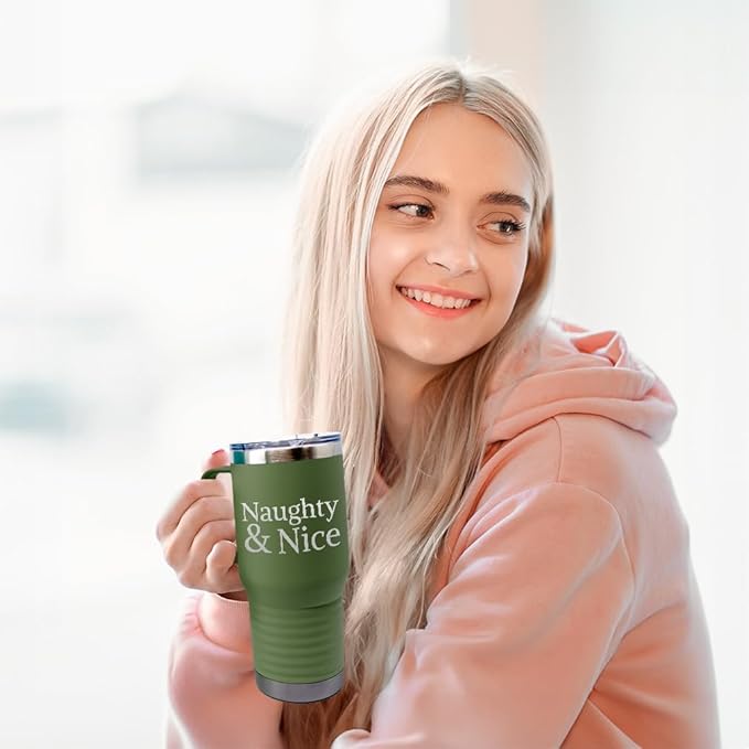 Speedy Pros Tumbler Cups with Straw Naughty & Nice Christmas Xmas Coffee Tumbler with Lid Personalized Insulated Travel Mugs Engraved Stainless-Steel 40 Oz Forest Green Design Only